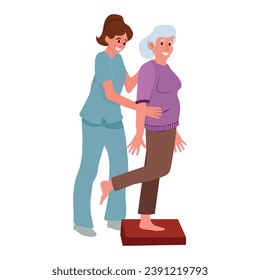 Physiotherapist working with elderly patient, health care in old age. Vector illustration