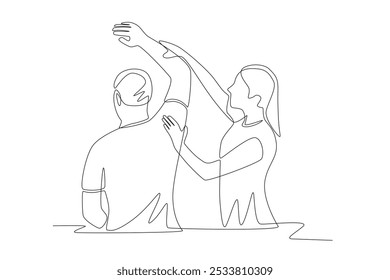 Physiotherapists assist patients during rehabilitation. Patient rehabilitation concept one-line drawing