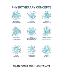 Physiotherapy blue concept icons set. Exercising and stretching. Heat and cold therapy. Therapist treatment idea thin line color illustrations. Vector isolated outline drawings. Editable stroke