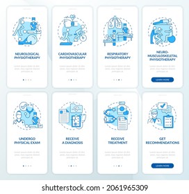 Physiotherapy blue onboarding mobile app page screen. Physical treatment walkthrough 4 steps graphic instructions with concepts. UI, UX, GUI vector template with linear color illustrations
