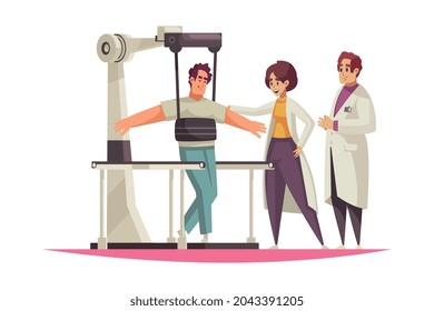 Physiotherapy cartoon composition with patient and two doctors vector illustration