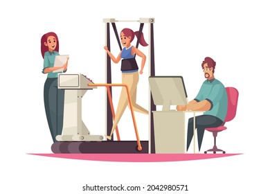 Physiotherapy cartoon composition with physiotherapist working with patient vector illustration