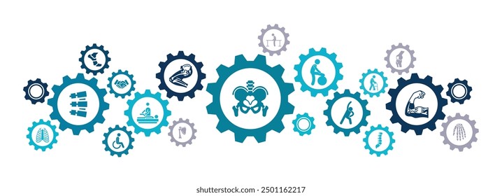 Physiotherapy and chiropractic, orthopedics vector illustration. Blue concept with icons related to physical or massage therapy treatment, orthopedic rehabilitation, physio, pain relief, injury rehab