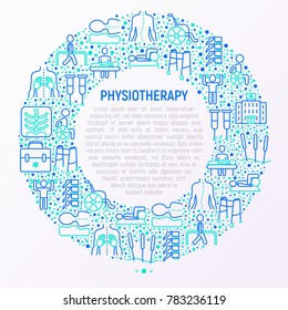 Physiotherapy concept in circle with thin line icons: rehabilitation, physiotherapist, acupuncture, massage, gymnastics, go-carts, vertebrae; x-ray, wheelchair. Vector illustration, web page template.