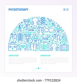 Physiotherapy concept in half circle with thin line icons: rehabilitation, acupuncture, massage, gymnastics, go-carts, vertebrae; x-ray, crutches, wheelchair. Vector illustration, web page template.
