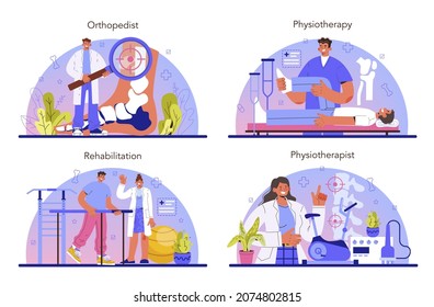 Physiotherapy concept set. Doctor helping patients during physio therapy and rehabilitation. Physiotherapy treatment for people with physical disabilities. Flat vector illustration