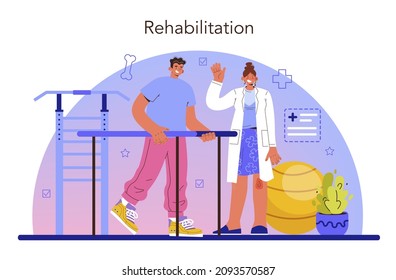 El concepto de fisioterapia. Médico ayudando a los pacientes durante la terapia física y la rehabilitación. Tratamiento fisioterapéutico para personas con discapacidades físicas. Ilustración vectorial plana