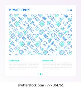 Physiotherapy concept with thin line icons: rehabilitation, physiotherapist, acupuncture, massage, gymnastics, go-carts, vertebrae; x-ray, trauma, crutches, wheelchair. Vector illustration.