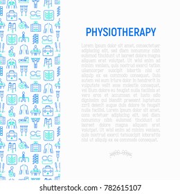 Physiotherapy concept with thin line icons: rehabilitation, physiotherapist, acupuncture, massage, gymnastics, go-carts, vertebrae; x-ray, trauma, wheelchair. Vector illustration, web page template.