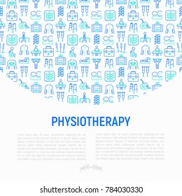 Physiotherapy concept with thin line icons: rehabilitation, physiotherapist, acupuncture, massage, gymnastics, go-carts, vertebrae; x-ray, trauma, wheelchair. Vector illustration, web page template.