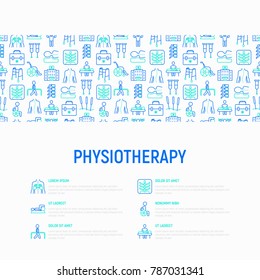 Physiotherapy concept with thin line icons: rehabilitation, physiotherapist, acupuncture, massage, gymnastics, go-carts, vertebrae; x-ray, trauma, crutches. Vector illustration, web page template.