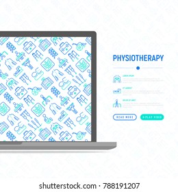 Physiotherapy concept with thin line icons: rehabilitation, physiotherapist, acupuncture, massage, gymnastics, go-carts, vertebrae; x-ray, trauma, crutches. Vector illustration, web page template.