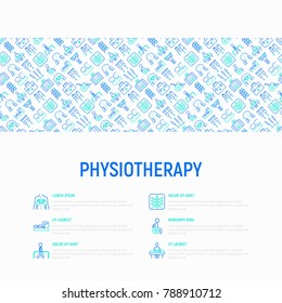Physiotherapy concept with thin line icons: rehabilitation, physiotherapist, acupuncture, massage, gymnastics, go-carts, vertebrae; x-ray, trauma, crutches. Vector illustration, web page template.