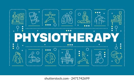 Physiotherapy dark blue word concept. Physical rehabilitation. Medical care. Occupational therapy. Horizontal vector image. Headline text surrounded by editable outline icons