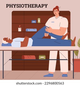 Physiotherapy for elderly people, poster template - flat vector illustration. Professional physiotherapist working with old man. Knee pain treatment. Massage therapy concept.