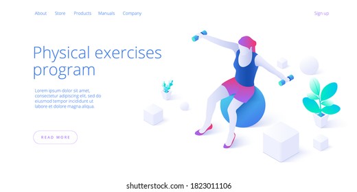 Physiotherapy exercises isometric vector illustration. Injury recovery or treatment program with female with dumbbells on ball. Web banner for rehabilitation center or hospital concept.