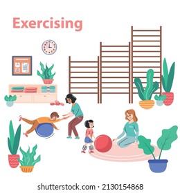 Physiotherapy and exercising composition with healthcare and gymnastics symbols flat vector illustration