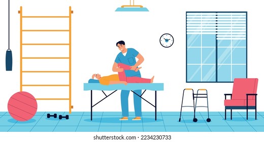 Physiotherapy flat background with doctor performing manual therapy to elderly patient lying on massage couch vector illustration