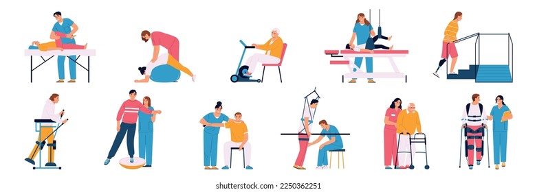 Physiotherapy flat color set of doctors working with patients during rehabilitation after trauma or surgery isolated vector illustration svg