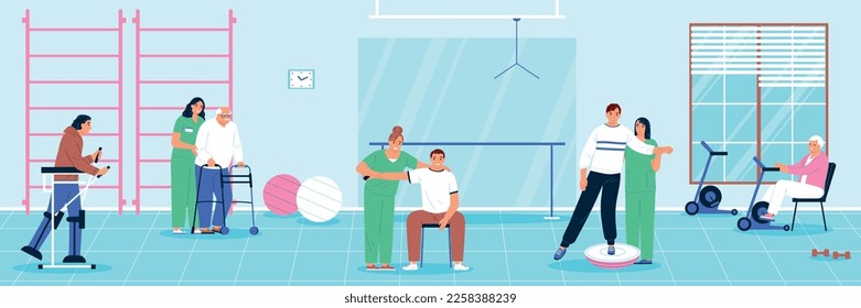 Physiotherapy flat concept with medical specialists and patients vector illustration