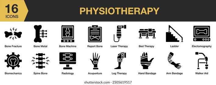 Physiotherapy Glyph icon set. Includes bone metal, ladder, laser therapy, radiology, spine bone, and More. Solid icons vector collection.