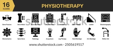 Physiotherapy Glyph icon set. Includes bone metal, ladder, laser therapy, radiology, spine bone, and More. Solid icons vector collection.