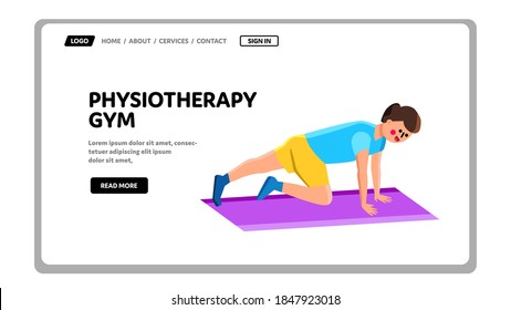 Physiotherapy Gym Exercising Young Man Vector. Boy Sportsman Doing Physical Sportive Exercise On Physiotherapy Gym Mat. Character Healthy And Athletic Lifestyle Web Flat Cartoon Illustration