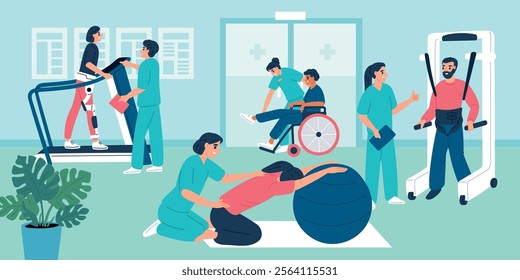 Physiotherapy gym. Medical training equipment. Restoring patient mobility. Rehabilitation therapy. Disabled persons. Disability treatment. Kinesiology clinic doctors