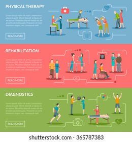 Physiotherapy horizontal banners set of diagnostics and rehabilitation center with medical staff patient and equipment flat vector illustration   