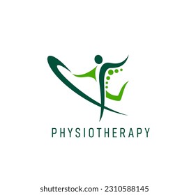 Physiotherapy icon of body health, physical therapy, back pain and spine massage treatment. Vector human silhouette doing rehabilitation and recovery exercises, physiotherapist or chiropractor emblem