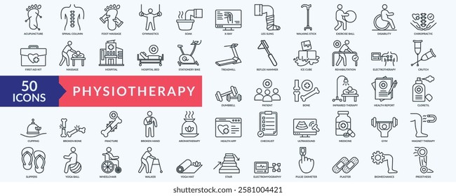 Physiotherapy icon collection set with acupuncture,foot massage, exercise ball, treadmill, infrared therapy
