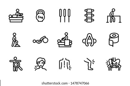 Physiotherapy icon set for clinic, hospital, health organisation info graphic, poster, brochure - muscle, nerve pain or ache, trauma symptoms, examination, treatment, rehabilitation