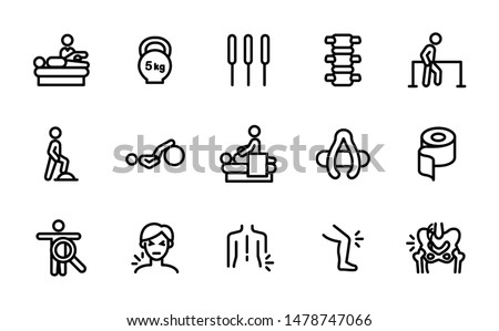Physiotherapy icon set for clinic, hospital, health organisation info graphic, poster, brochure - muscle, nerve pain or ache, trauma symptoms, examination, treatment, rehabilitation
