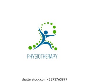 Physiotherapy icon of spine, back pain and body health, chiropractic massage and therapy. Vector symbol of abstract human figure dancing, doing sport exercises with green balls. Physical therapy sign