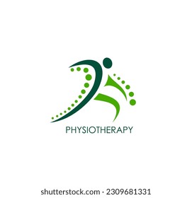 Physiotherapy icon, vector emblem with green healthy human body shape and points. Skeleton and muscle health, rehabilitation, osteopathy or massage clinic symbol, isolated label for medical service