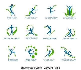 Physiotherapy icon. Vector spine, back pain, body health, chiropractic massage and therapy symbols with abstract silhouettes and green leave. Physical, orthopedic and osteopathic rehabilitation