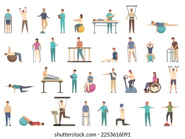Physiotherapy icons set cartoon vector. Treatment exercise. Condition equipment svg