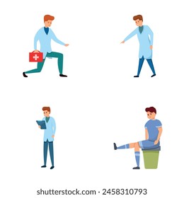 Physiotherapie-Symbole setzen Cartoon-Vektorgrafik. Arzt und Patient während der Behandlung. Gesundheitskonzept