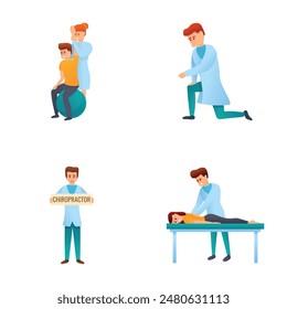 Physiotherapy icons set cartoon vector. People in orthopedic rehabilitation. Treatment and physiotherapy