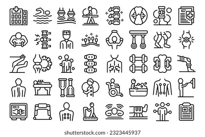 Physiotherapy icons set outline vector. Treatment exercise. Session program