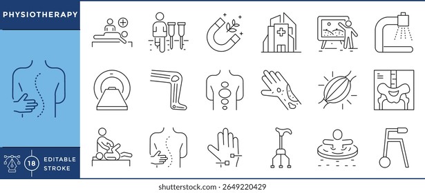 Conjunto de ícones de fisioterapia. Terapia, massagem, mobilização tecidual, ultrassom, aquático, tração e muito mais. Traçado editável de vetor.