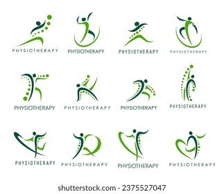 Physiotherapy icons. Spine, back pain, body health, chiropractic massage, therapy. Vector physical and orthopedic rehabilitation. Abstract human figure symbols of chiropractor, physiotherapist clinic