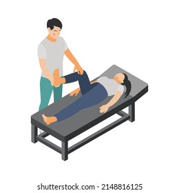 Physiotherapy isometric icon with therapist examining leg of female patient 3d vector illustration