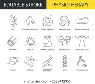 Physiotherapy line icon set in vector, squat and therapeutic exercises, adaptive yoga and fitball, orthopedic pillow. Editable stroke, you can change the width and color of the stroke.