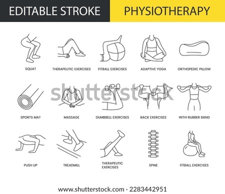 Physiotherapy line icon set in vector, squat and therapeutic exercises, adaptive yoga and fitball, orthopedic pillow. Editable stroke, you can change the width and color of the stroke.