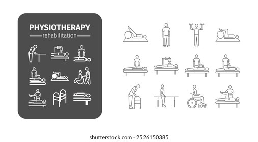 Physiotherapie Linie Icons, Rehabilitationszentrum. Körperliche Bewegung, Gymnastik. Design von Webgrafiken.