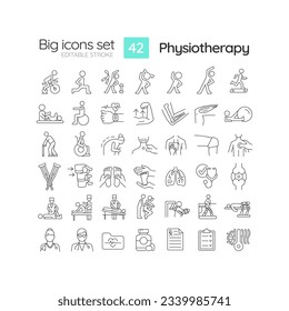 Physiotherapy linear icons set. Physical therapy. Rehabilitation center. Back pain. Sport injury. Customizable thin line symbols. Isolated vector outline illustrations. Editable stroke