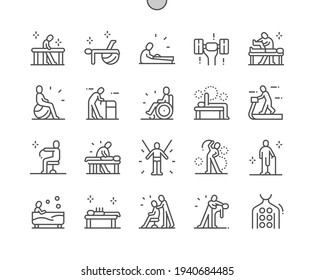 Physiotherapy. Massotherapy and acupuncture. Physical exercise. Rehabilitation. Health care, medical and medicine. Pixel Perfect Vector Thin Line Icons. Simple Minimal Pictogram svg