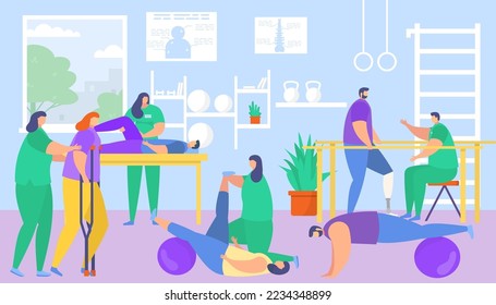 Physiotherapy, medical rehabilitation for patient, vector illustration. Healthcare recovery by physical exercise, therapy in special clinic.