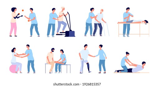 Physiotherapy. Medical Treatment, Injuries Rehabilitation Therapy. Healthcare Physical Training, Medicine Physiotherapist With Patient Utter Vector Set